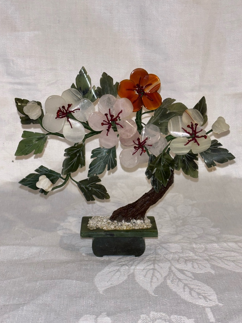 Vintage Chinese Gemstone Bonsai Tree Rose Quartz Carnelian Agate Jade Floral